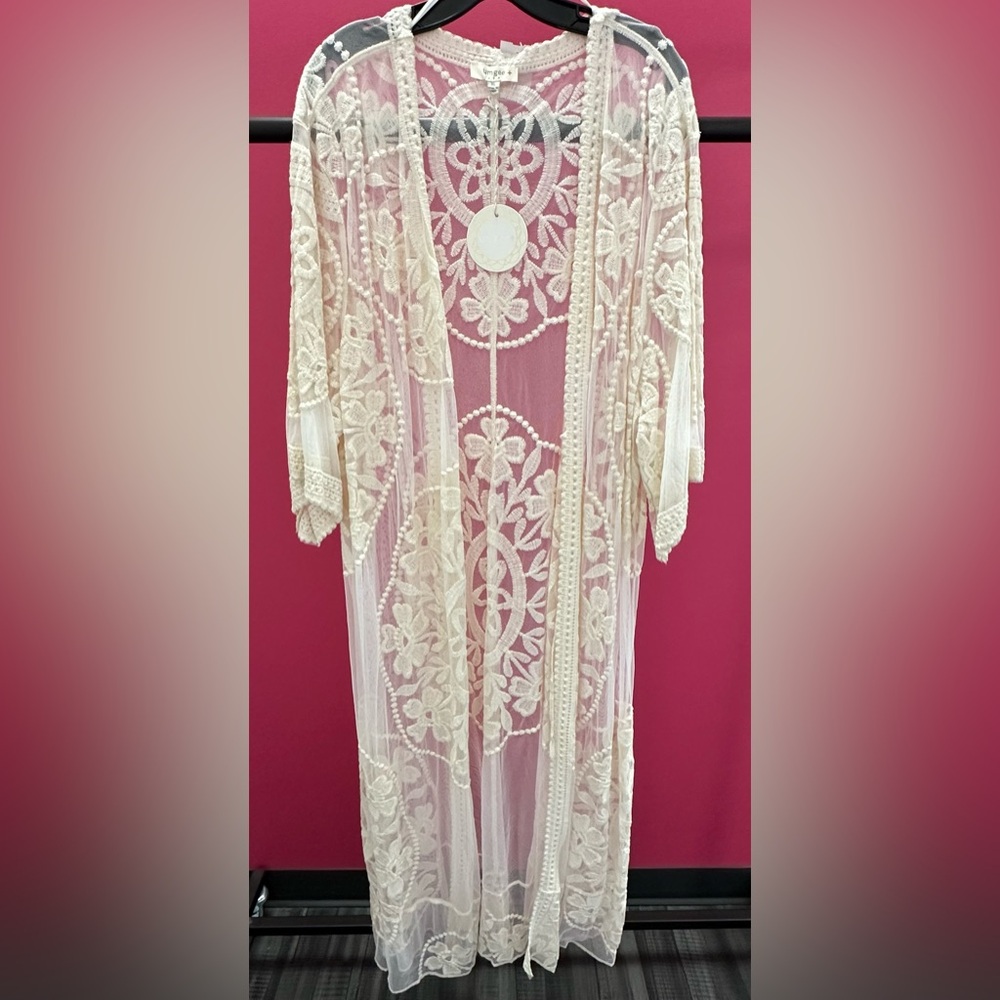 Umgee + Floral Lace Cream Duster/Long Cardigan with ties with intricate detail!